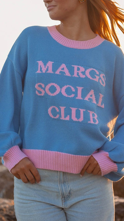 Load image into Gallery viewer, Margs Social Club Sweater - Blue / Pink - Billy J
