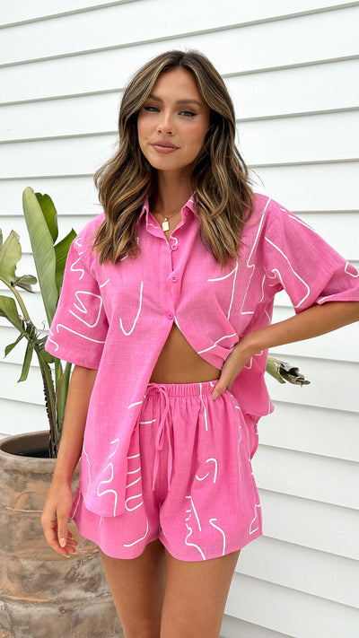 Load image into Gallery viewer, Charli Button Up Shirt and Shorts Set - Pink / White Squiggle - Billy J
