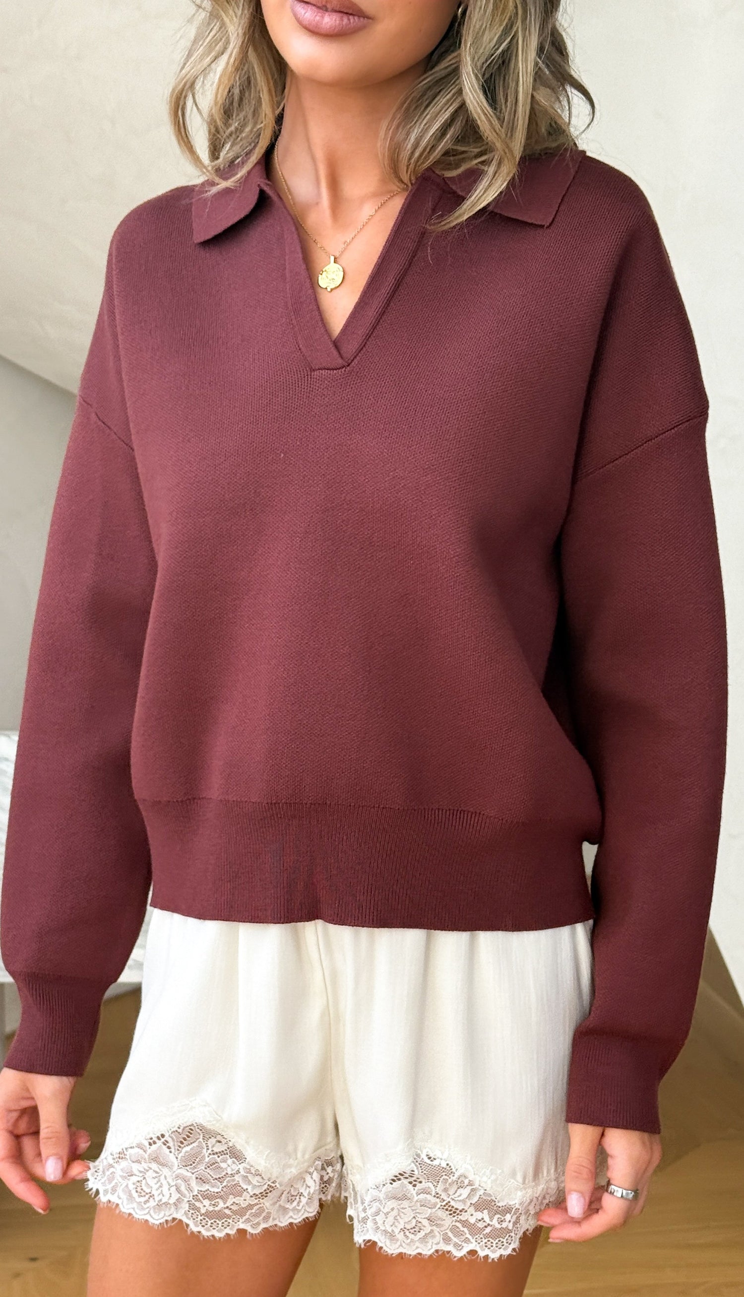 Rylie Collared Sweater - Brown - Billy J