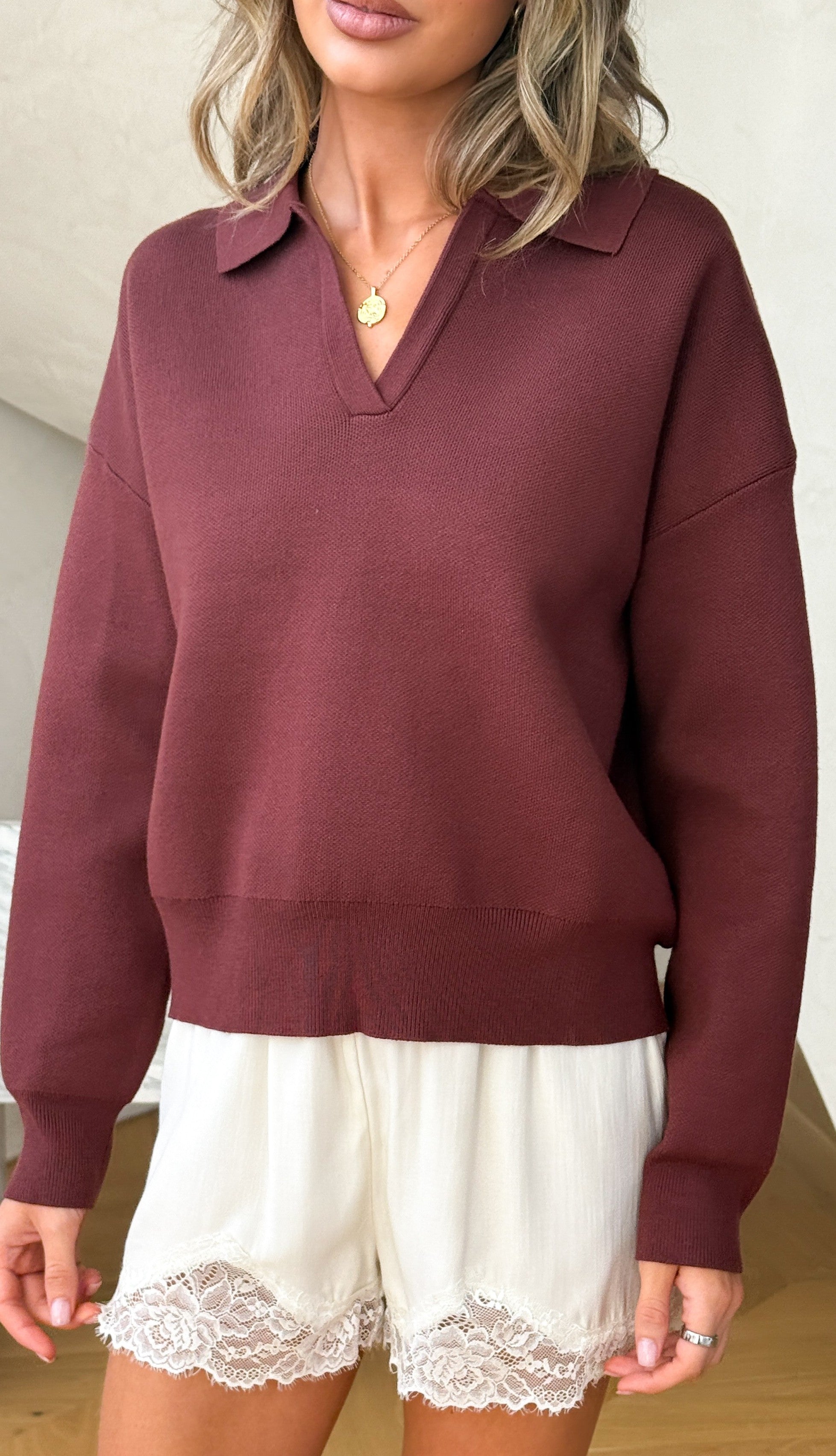 Rylie Collared Sweater - Brown - Billy J