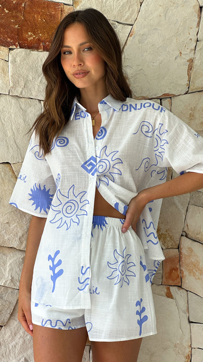 Load image into Gallery viewer, Charli Button Up Shirt and Shorts Set - White / Blue Bonjour

