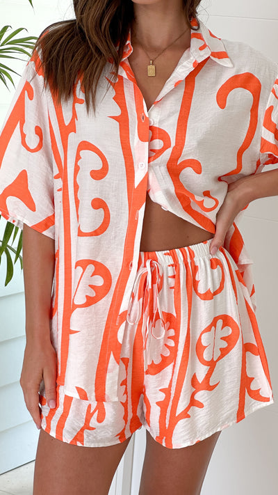 Load image into Gallery viewer, Charli Button Up Shirt and Shorts Set - White / Orange Tribal
