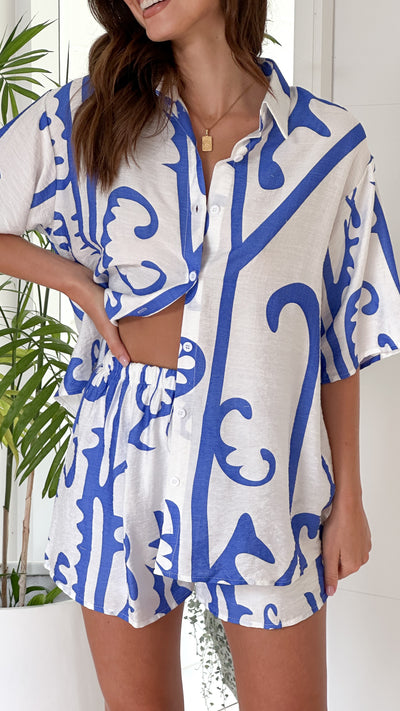Load image into Gallery viewer, Charli Button Up Shirt and Shorts Set - White / Blue Tribal
