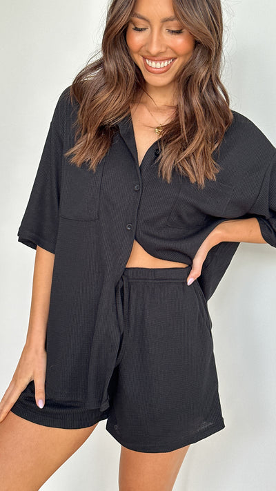 Load image into Gallery viewer, Machiko Button Up Shirt and Shorts Set - Black Waffle Knit
