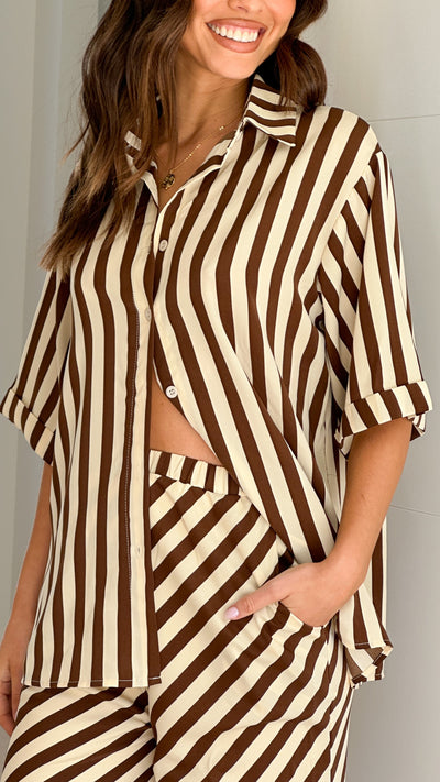 Load image into Gallery viewer, Mabyn Button Up Shirt and Pants Set - Beige / Brown Stripe - Billy J
