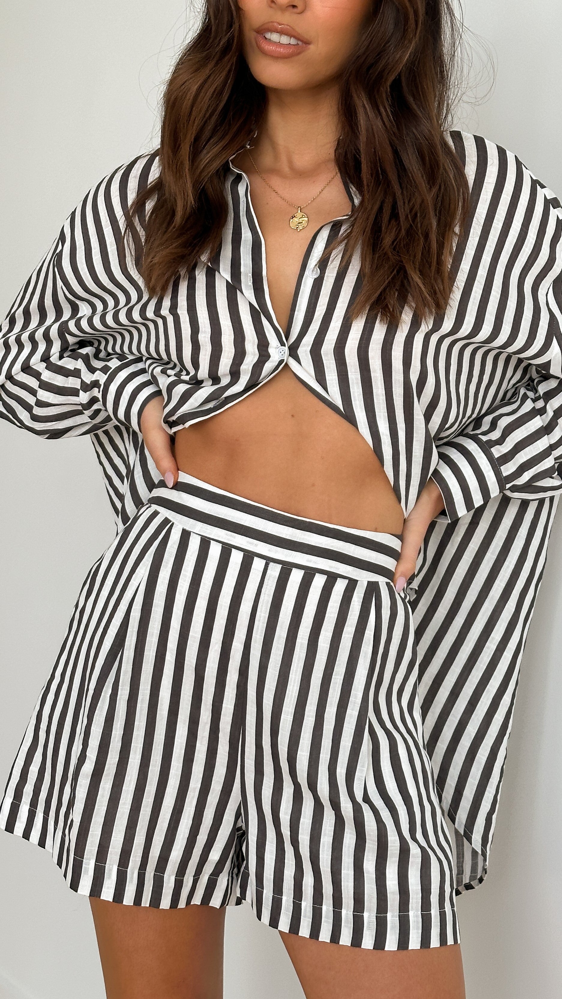 Laolani Button Up Shirt - Charcoal / White Stripe
