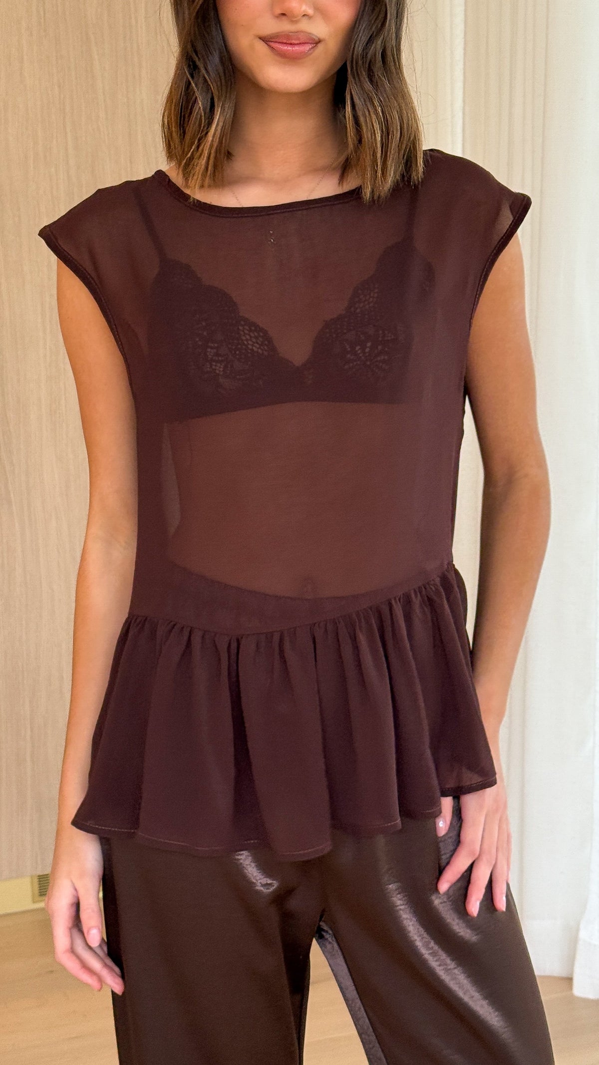 Deana Long Line Sheer Top - Brown - Billy J