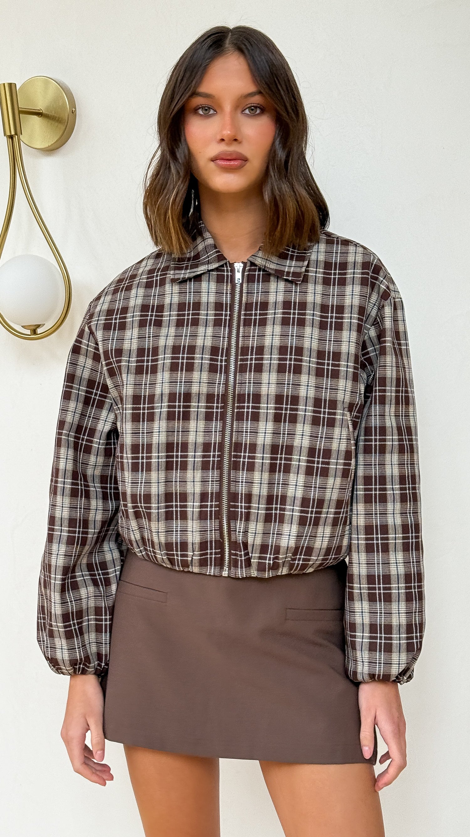 Brax Bomber Jacket - Choc/Beige Plaid - Billy J