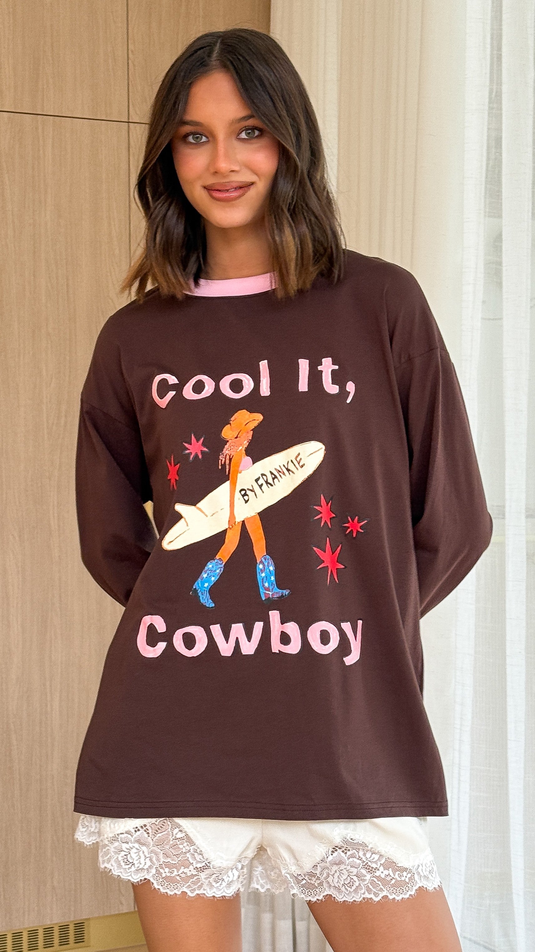 Cool It Cowboy Long Sleeve Top - Chocolate/Pink - Billy J