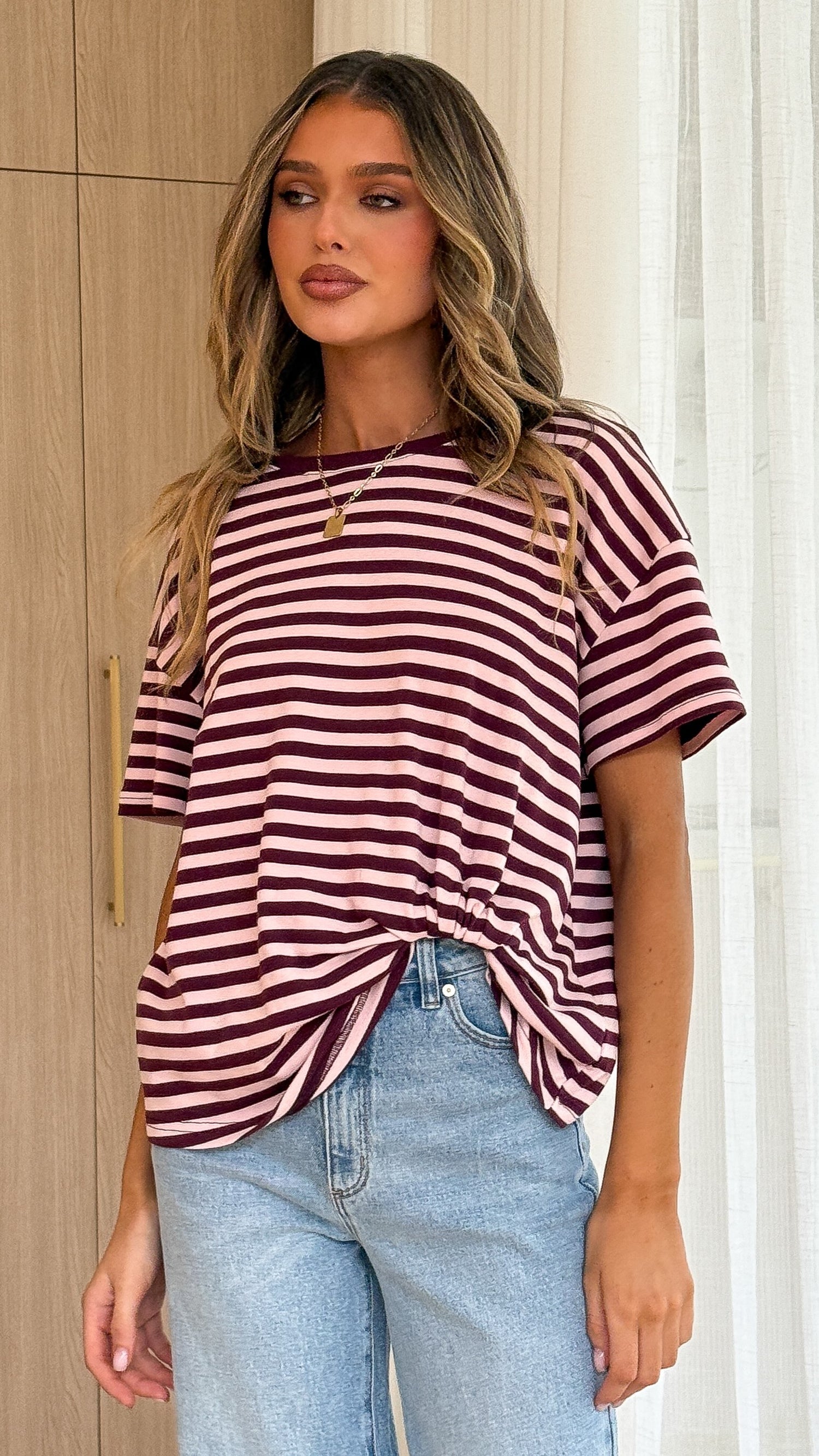 Clara Tee - Burgundy/Pink Stripe - Billy J