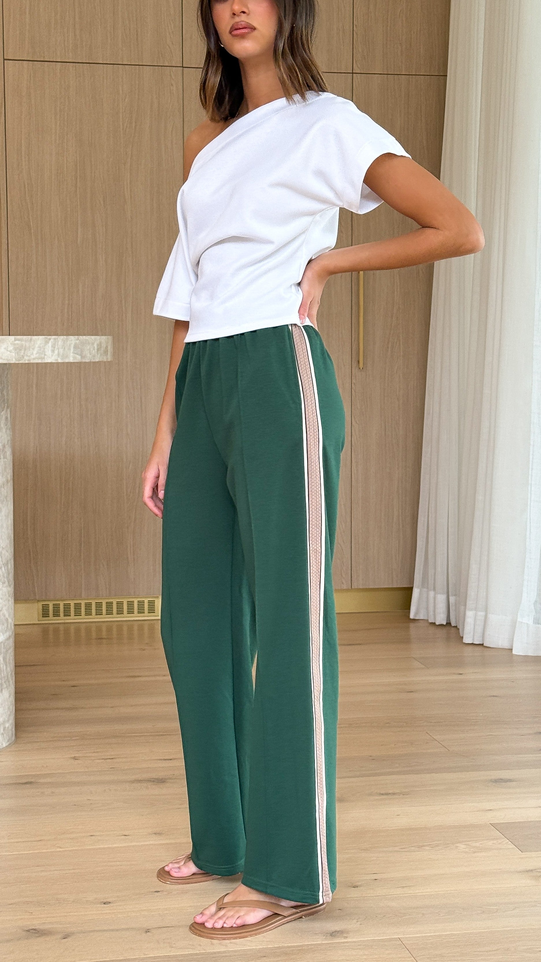 Isaiah Racer Stripe Pleated Trackpants - Green/Beige - Billy J