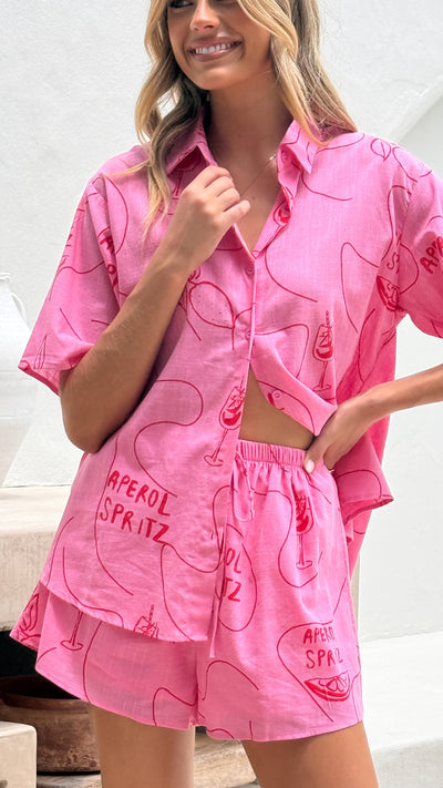 Load image into Gallery viewer, Charli Button Up Shirt and Shorts Set - Pink / Red Aperol - Billy J
