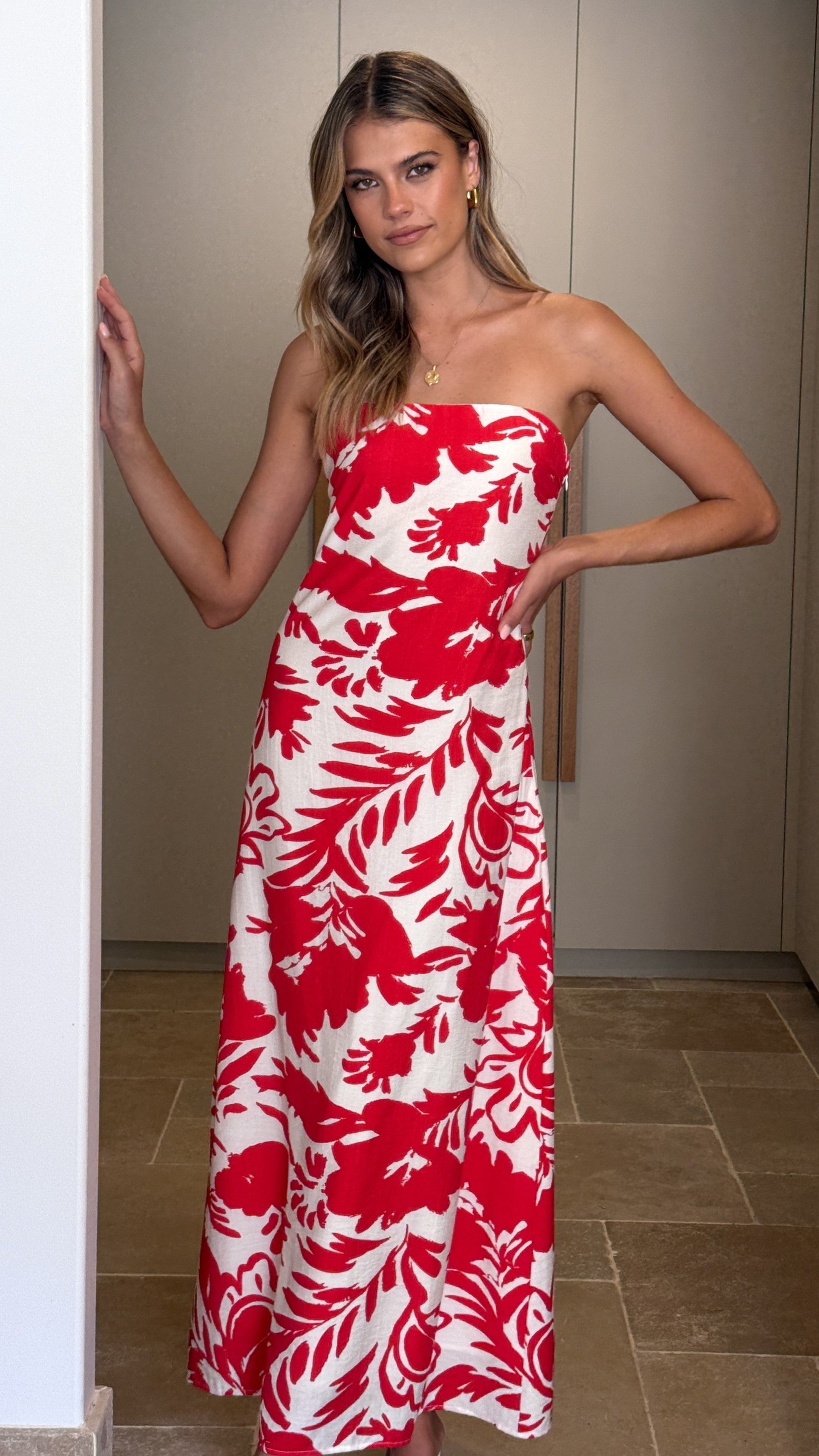 Uzma Strapless Maxi Dress - Red / White Print - Billy J