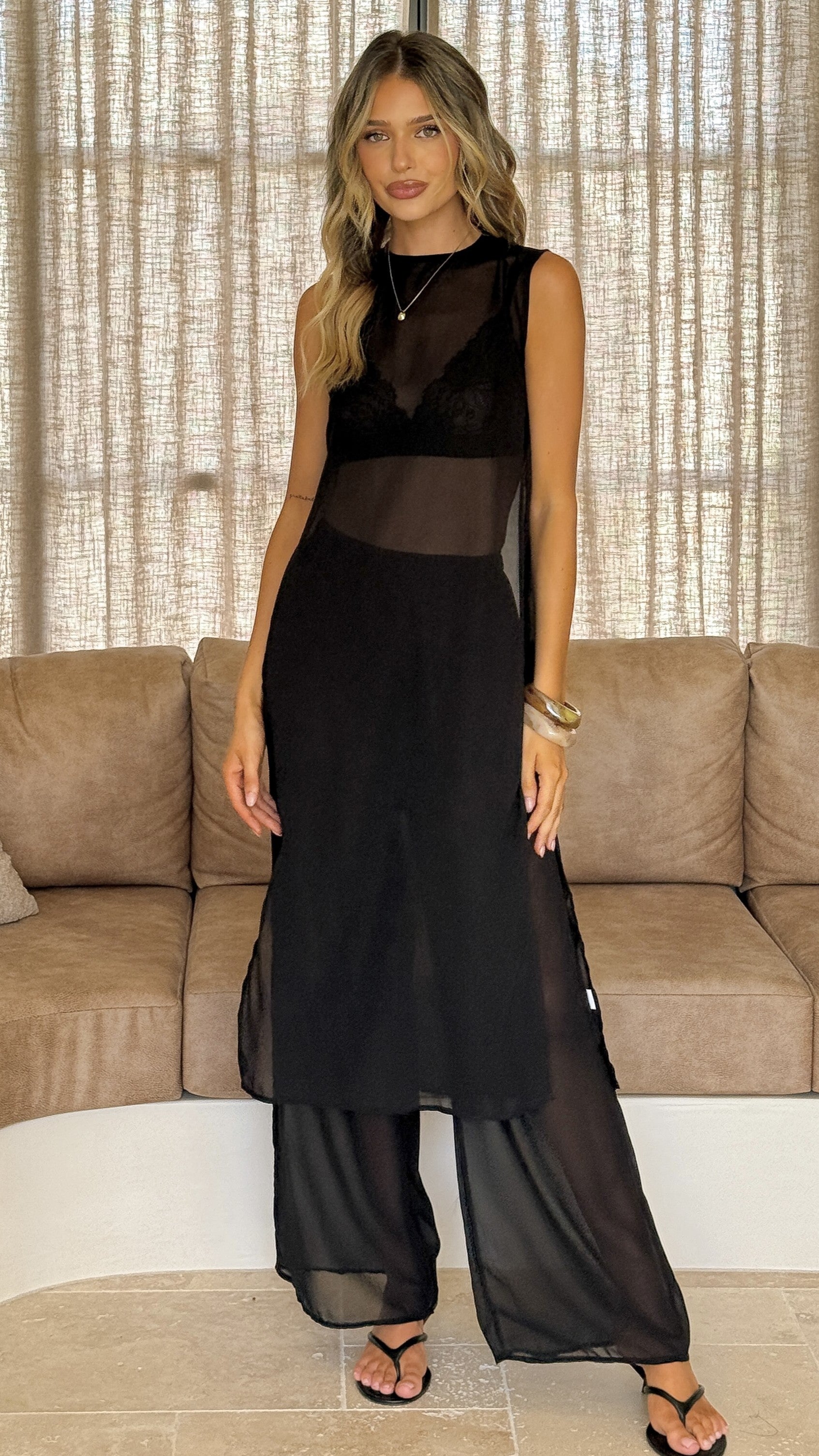 Zaire Long Line Sheer Top and Pants Set - Black - Billy J
