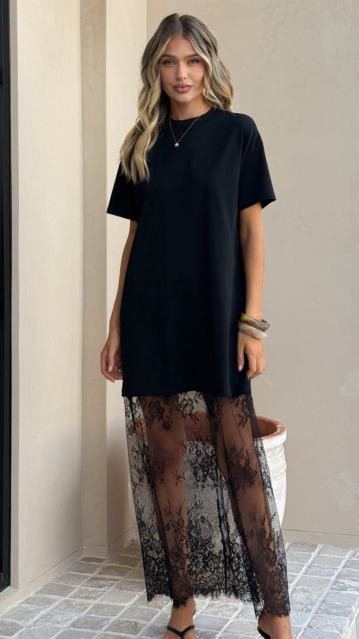 Adora T-Shirt Maxi Dress - Black Lace - Billy J