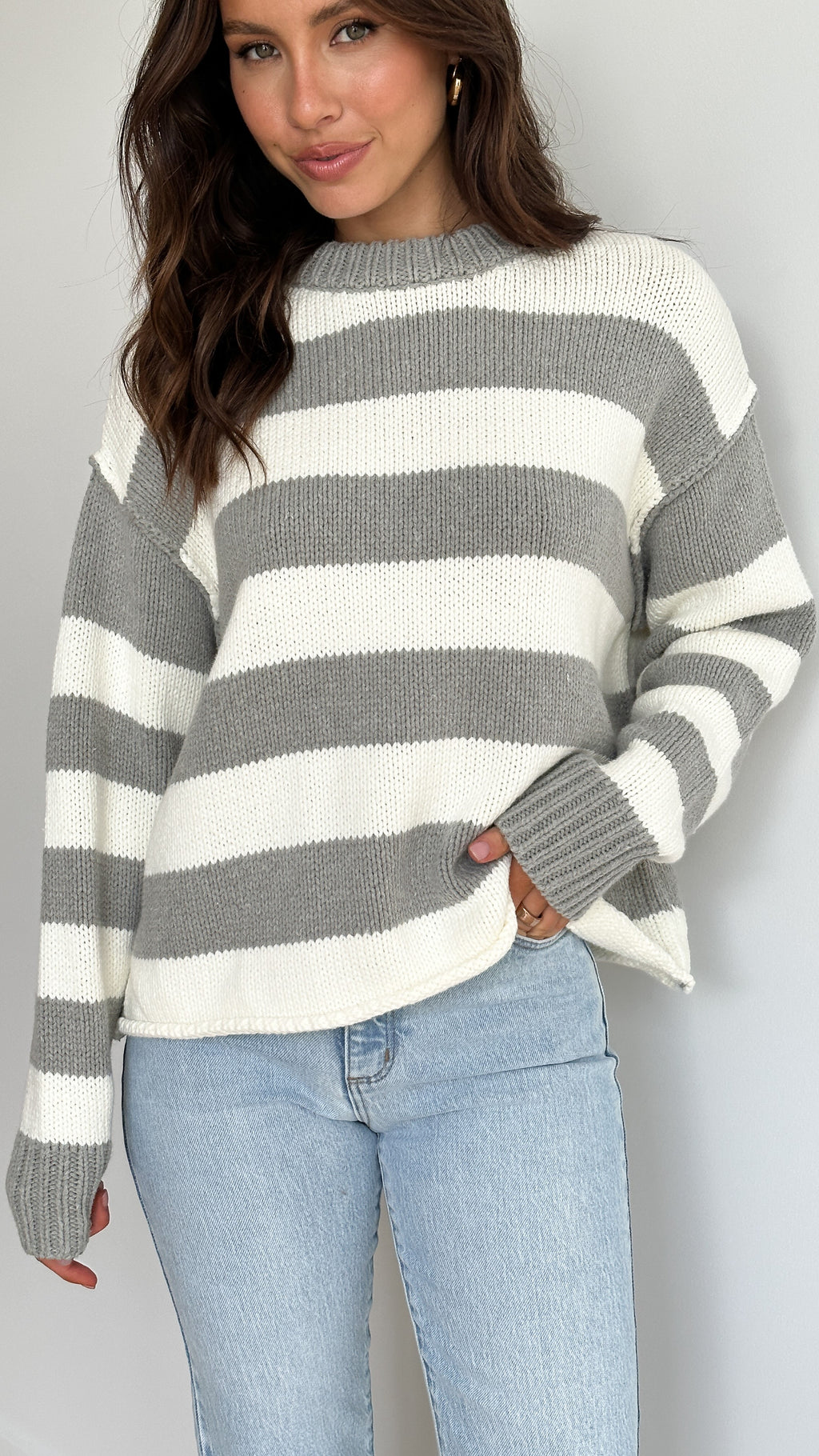 Jadin Knitted Jumper - Grey / White Stripe
