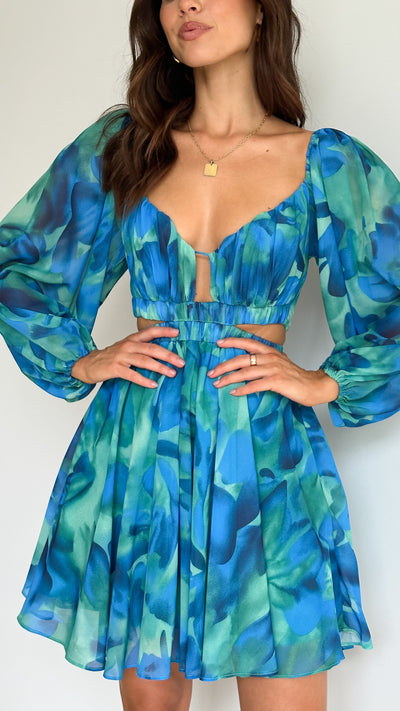 Load image into Gallery viewer, Xarissa Mini Dress - Blue / Green Print
