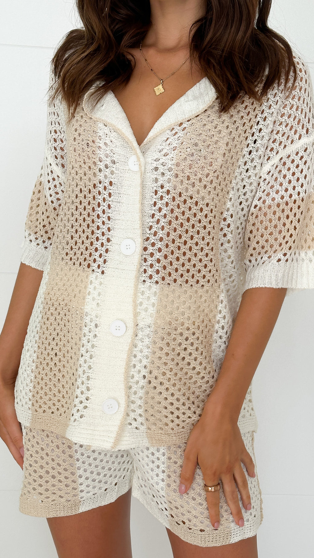 Kadri Knit Button Up Shirt and Shorts Set - Beige / White - Billy J