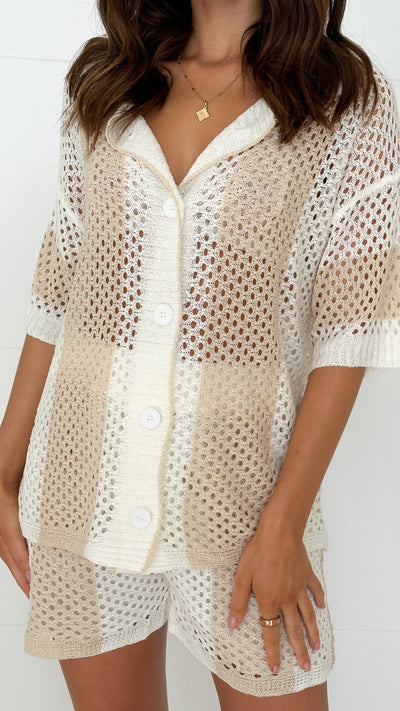 Load image into Gallery viewer, Kadri Knit Button Up Shirt and Shorts Set - Beige / White
