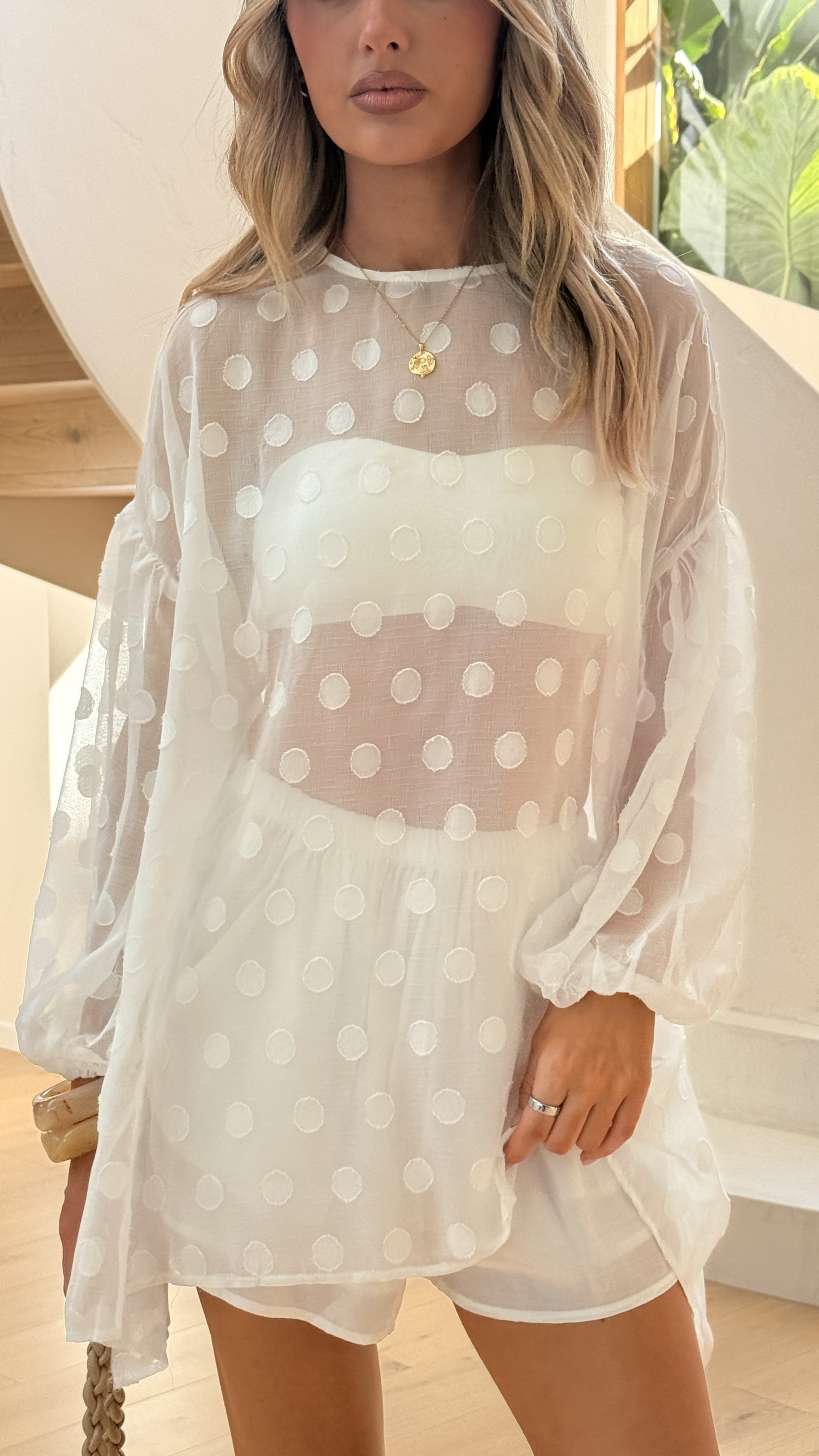Kathleen Long Sleeve Semi Sheer Top and Shorts Set - White Spot - Billy J