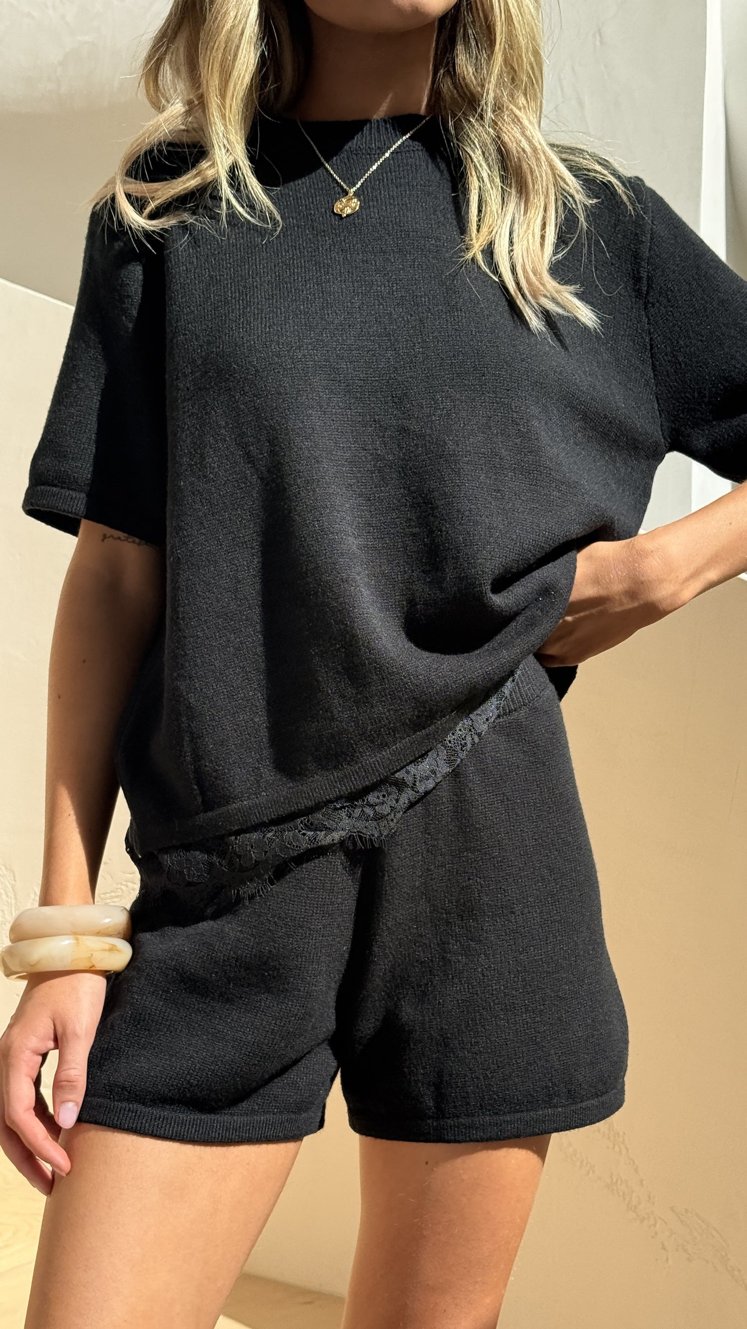 Evelyn Knit Lace Top and Shorts Set - Black - Billy J