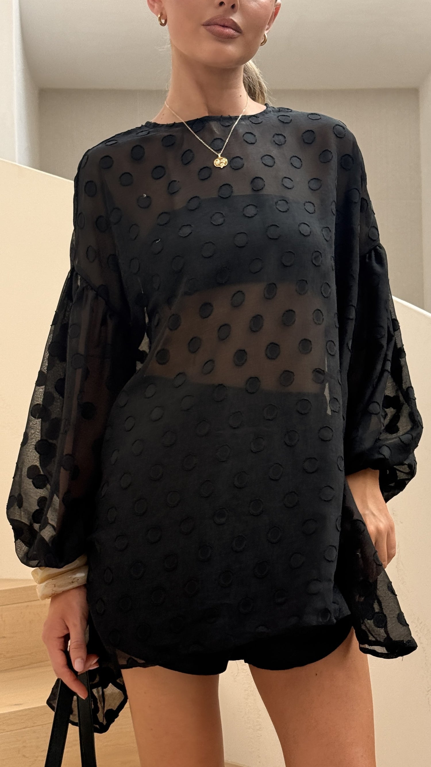 Kathleen Long Sleeve Semi Sheer Top and Shorts Set - Black Spot - Billy J