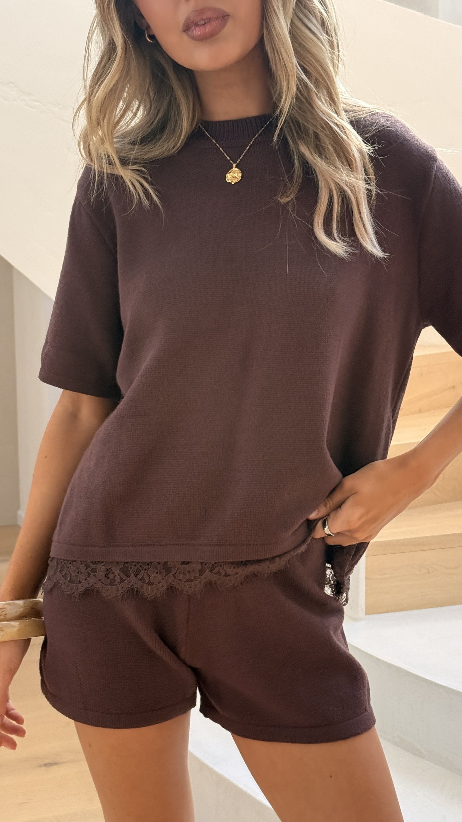 Evelyn Knit Lace Top and Shorts Set - Chocolate - Billy J