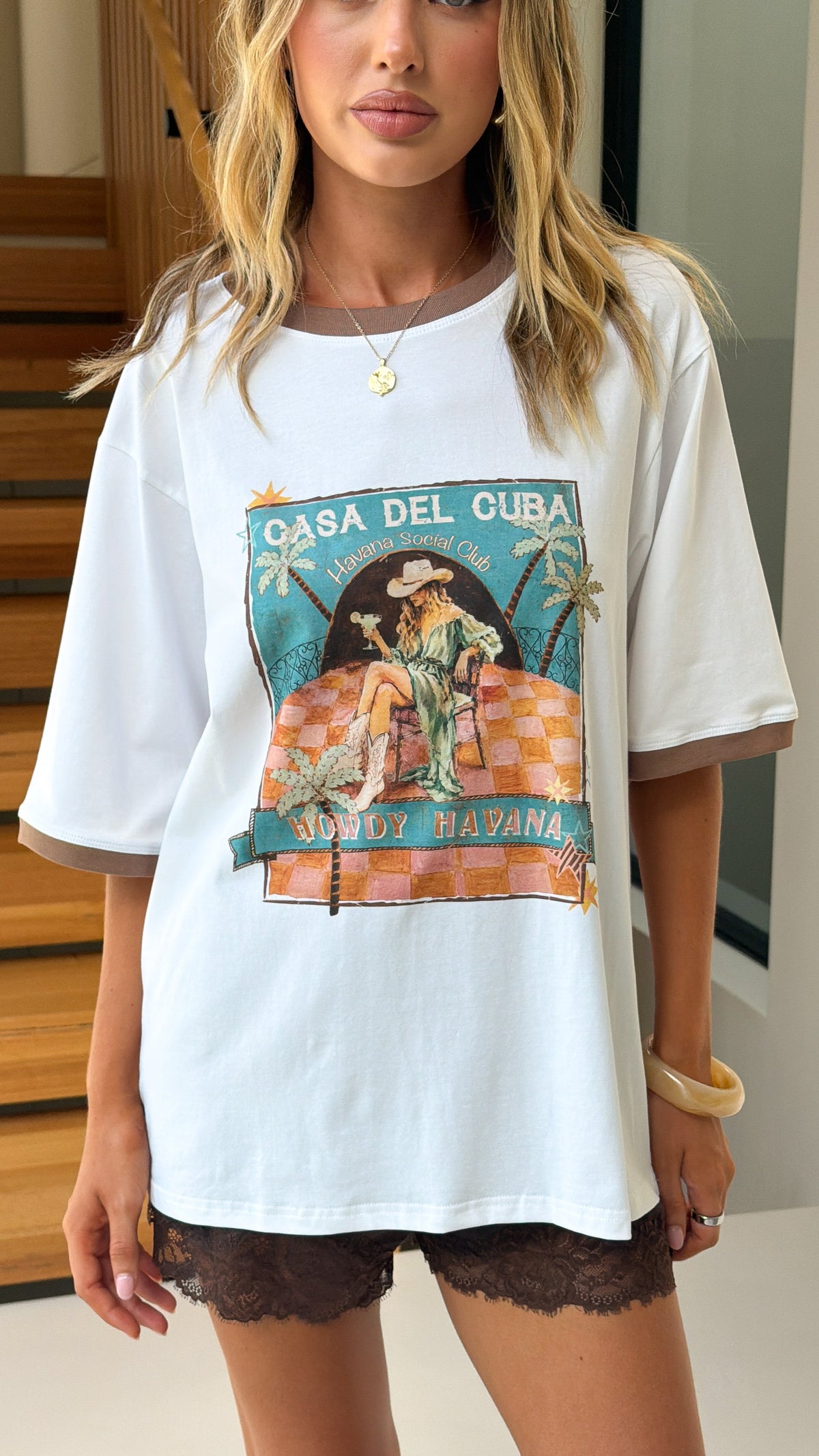 Howdy Havana Tee - White/Brown - Billy J