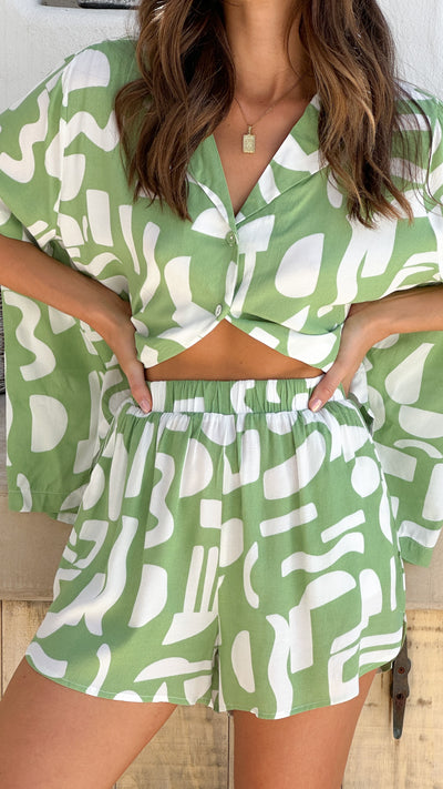 Load image into Gallery viewer, Coco Top and Shorts Set - Green/White Print
