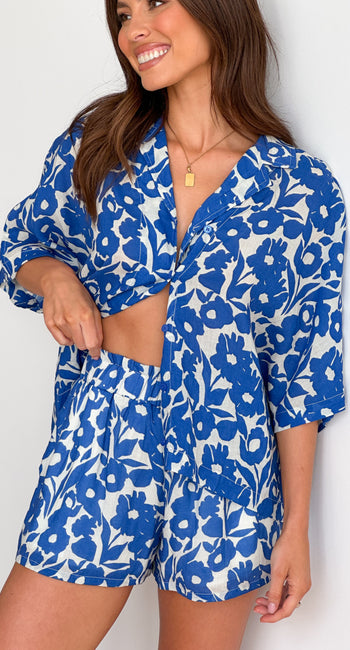 Edita Button Up Shirt - Blue Floral