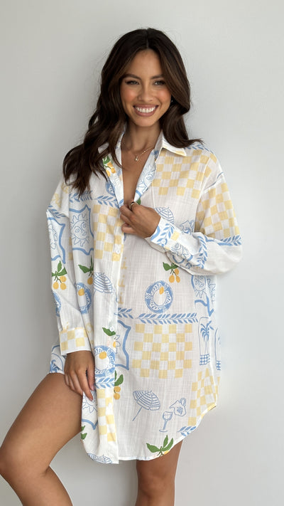 Load image into Gallery viewer, Piper Shirt Dress - Blue / Yellow Holiday Print
