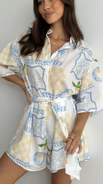 Load image into Gallery viewer, Margie Playsuit - Blue / Yellow Holiday Print

