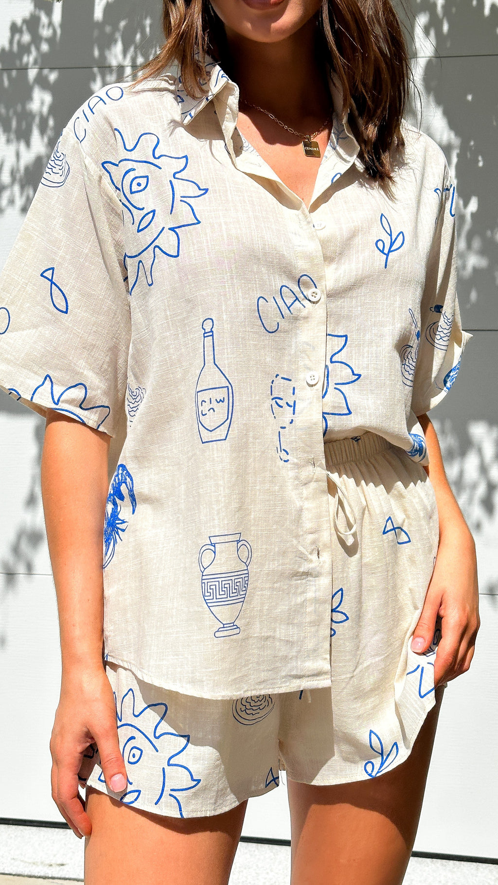Charli Button Up Shirt and Shorts Set - Blue/Beige