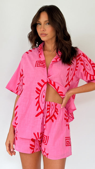 Load image into Gallery viewer, Charli Button Up Shirt and Shorts Set - Pink / Red Aztec Eye
