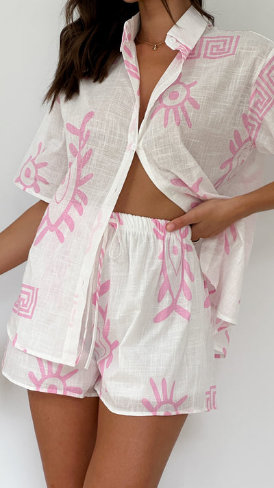 Load image into Gallery viewer, Charli Button Up Shirt and Shorts Set - White / Pink Aztec Eye
