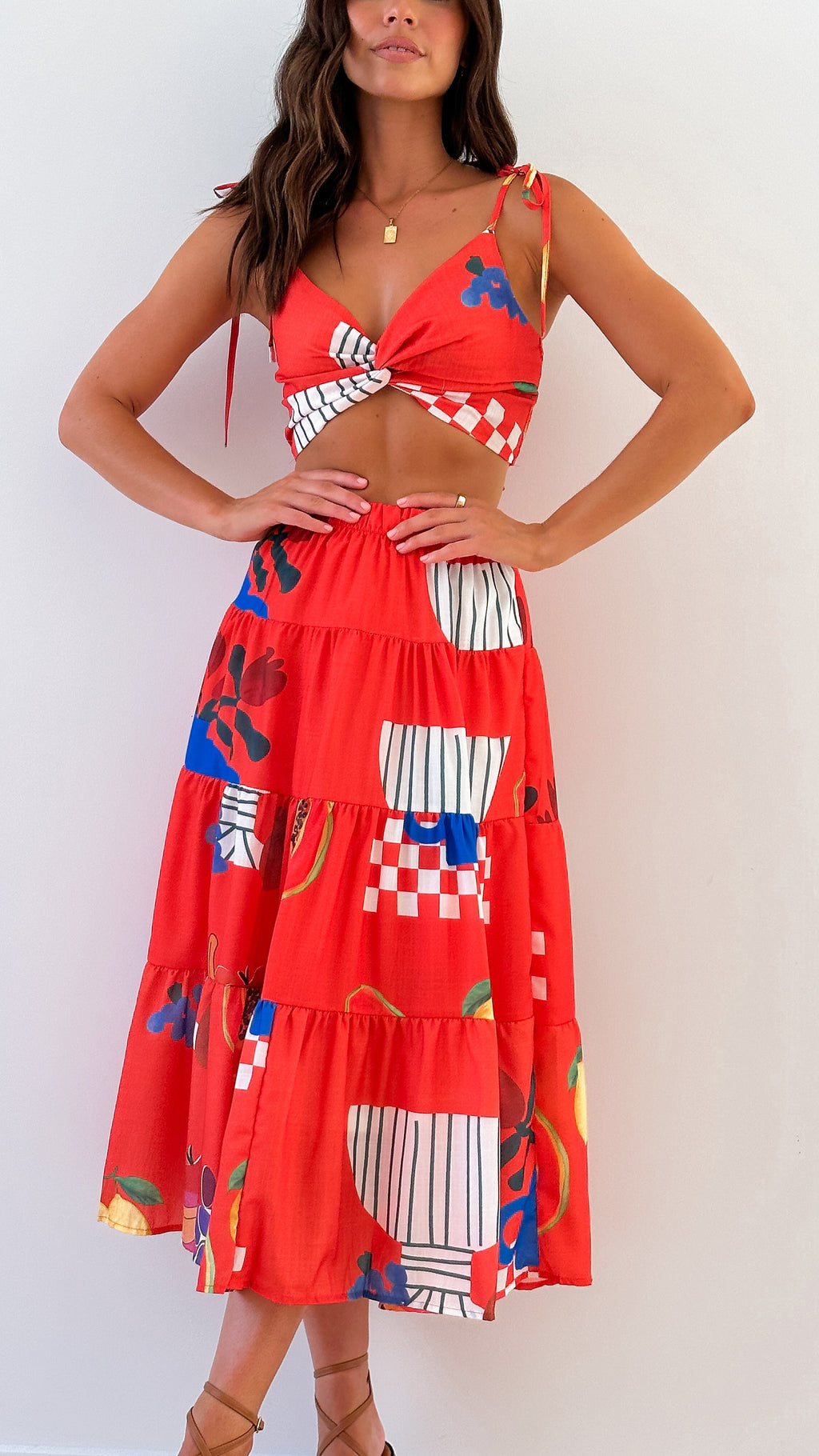 Ava Top and Maxi Skirt Set - Red Papaya Print