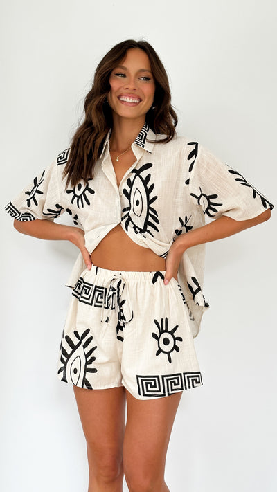 Load image into Gallery viewer, Charli Button Up Shirt and Shorts Set - Beige / Black Aztec Eye
