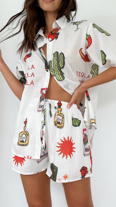 Load image into Gallery viewer, Charli Button Up Shirt and Short Set - White Cactus Print - Billy J
