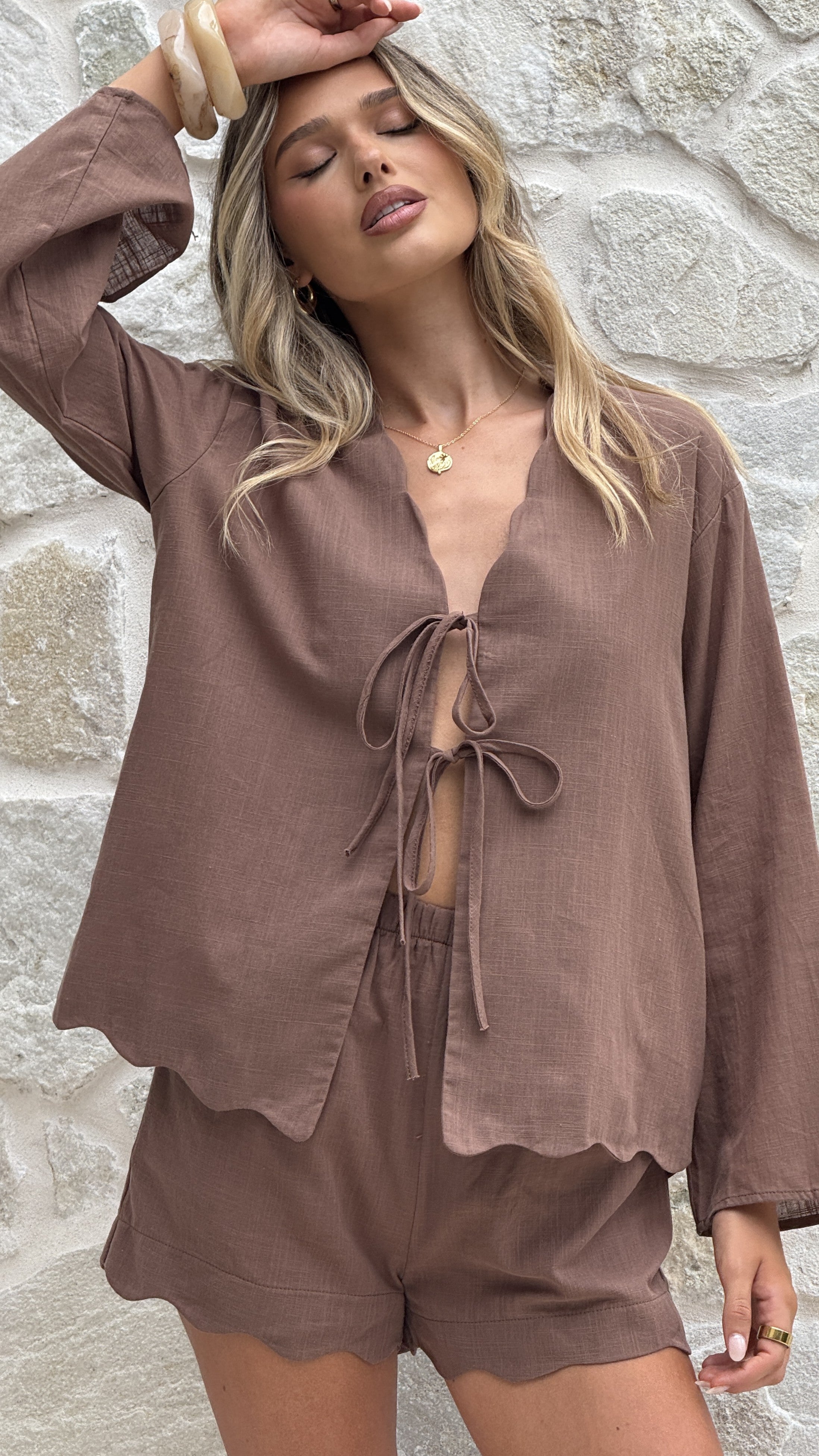 Leelo Tie Front Top and Shorts Set - Chocolate - Billy J