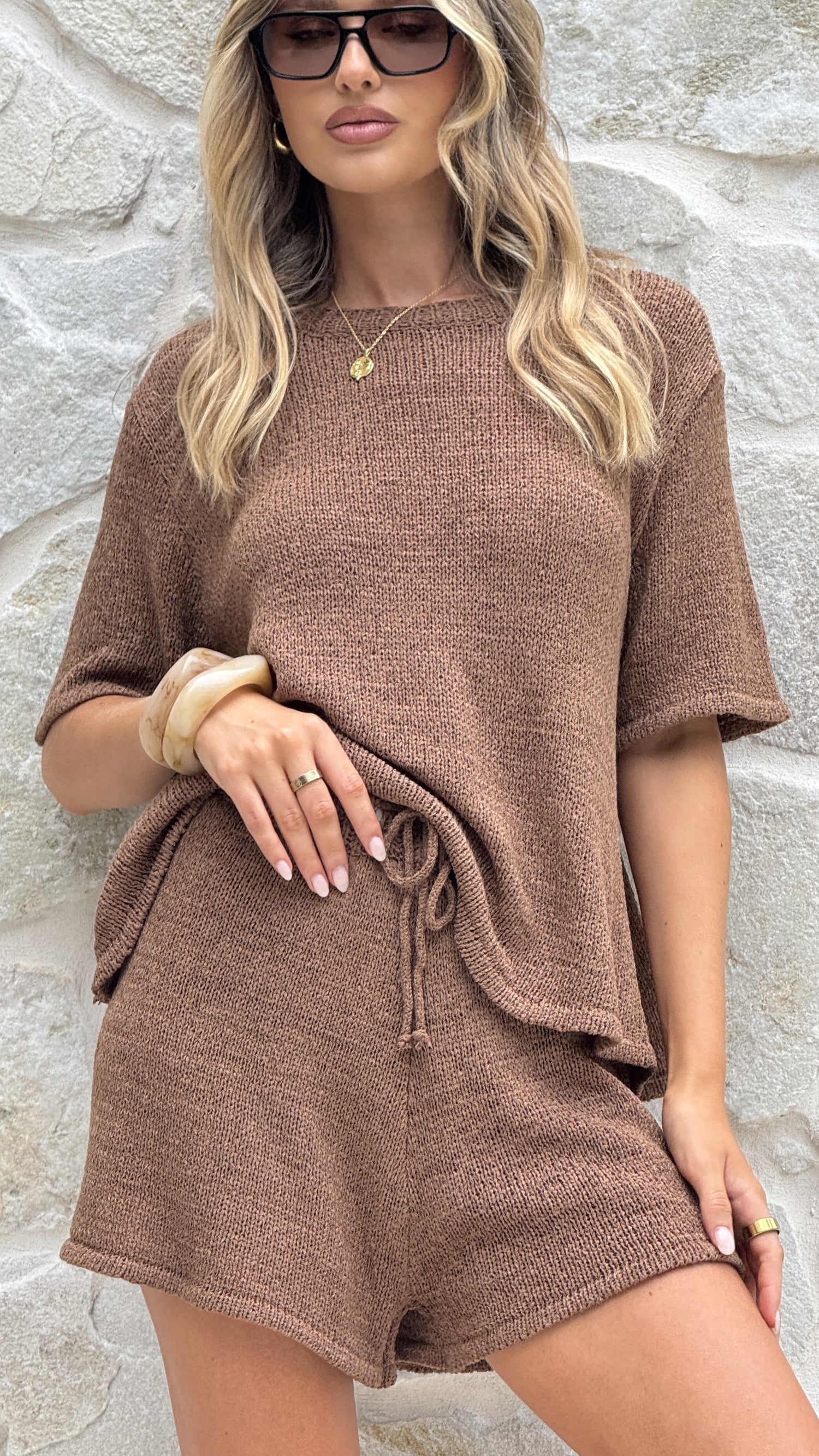 Makai Knitted T-Shirt and Shorts Set - Chocolate - Billy J