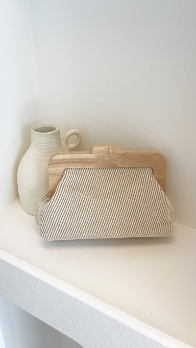 Load image into Gallery viewer, Tessa Fabric Weave Timber Frame Clutch - Camel / Natural - Billy J
