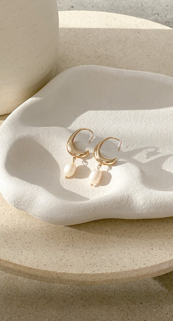 Pearl Drop Curved Hoops - Gold
