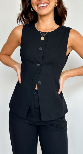 Louella Button Up Vest - Black
