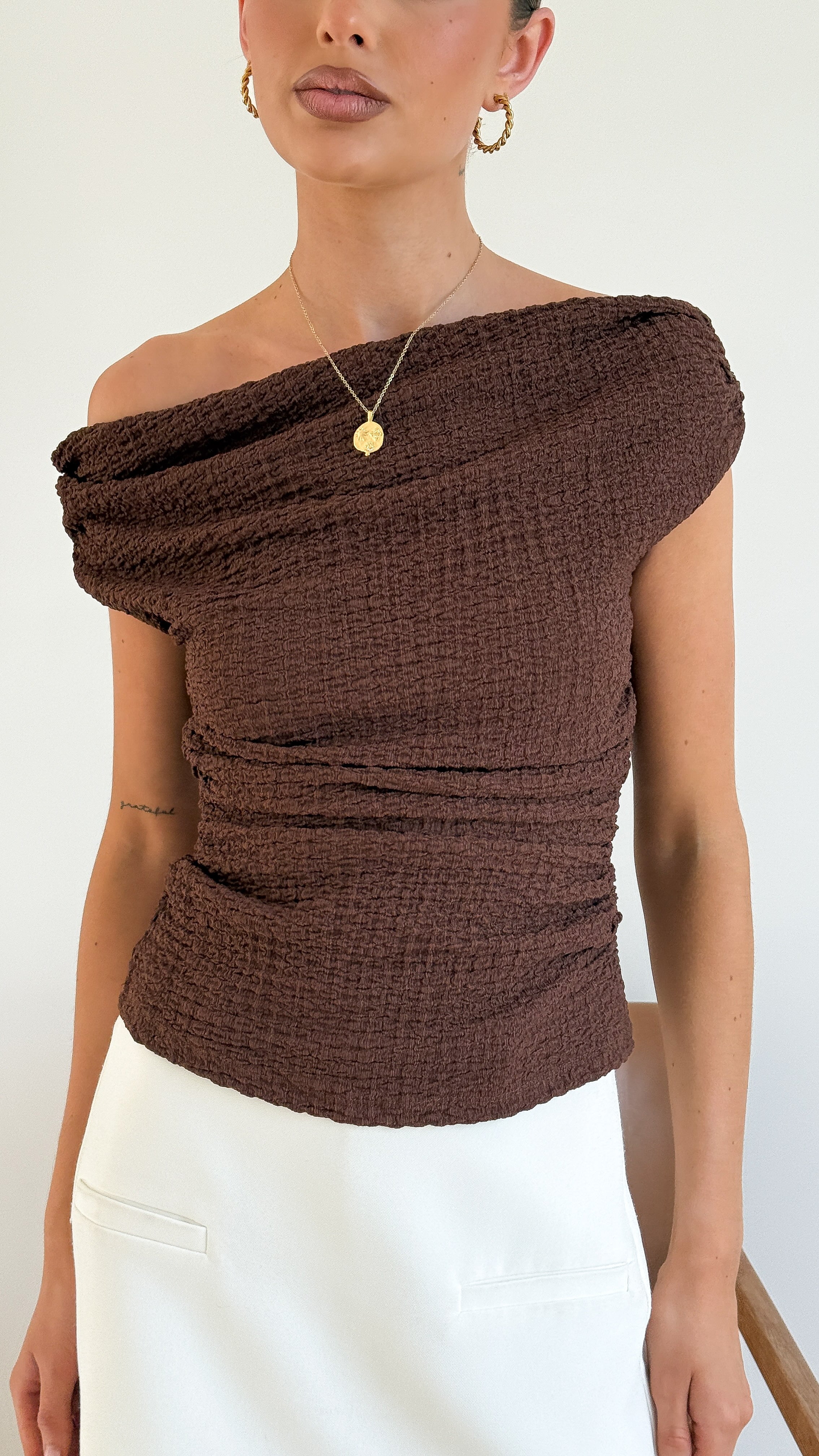 Phoebe Off Shoulder Top - Chocolate - Billy J