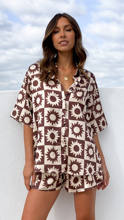 Load image into Gallery viewer, Charice Button Up Shirt and Shorts Set - Brown/Beige
