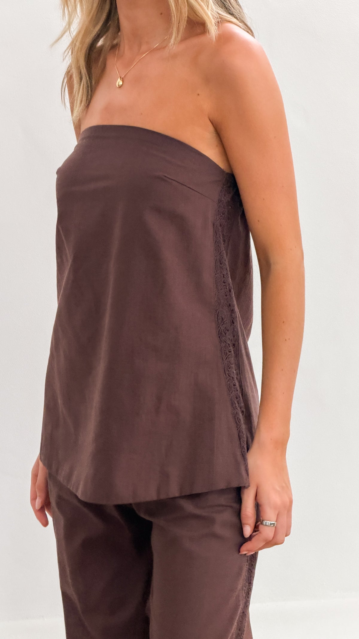 Kaitlin Strapless Top and Pants Set - Chocolate/Lace - Billy J