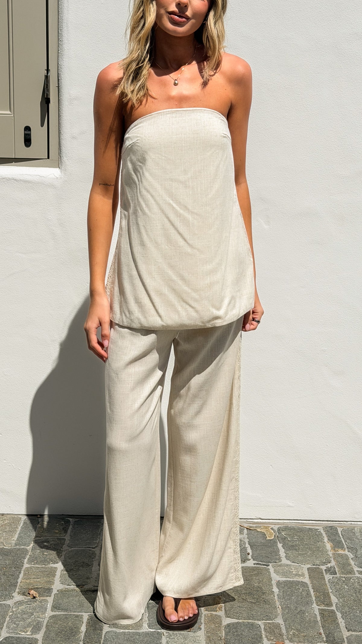 Kaitlin Strapless Top and Pants Set - Oatmeal/Lace - Billy J
