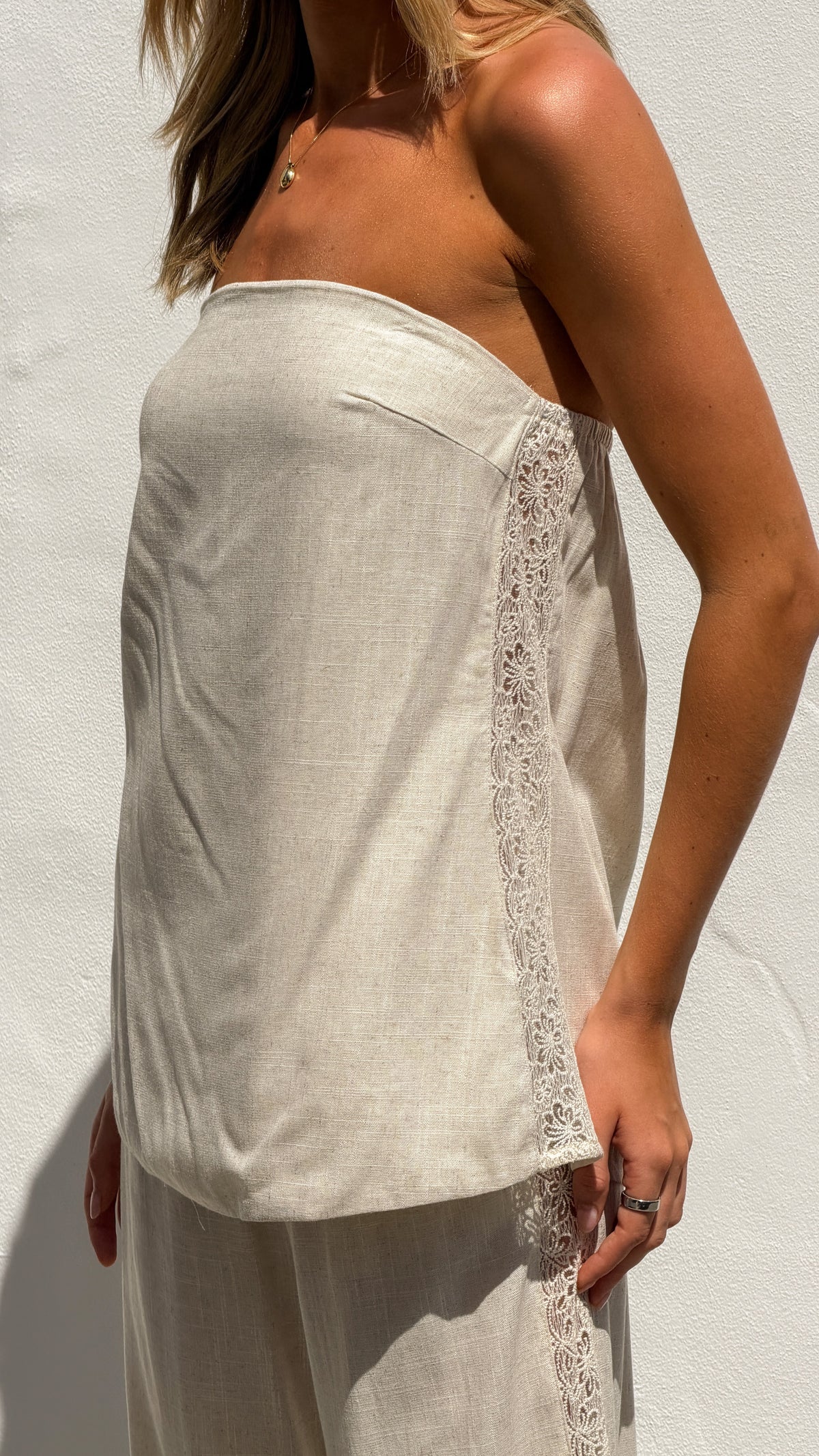Kaitlin Strapless Top and Pants Set - Oatmeal/Lace - Billy J