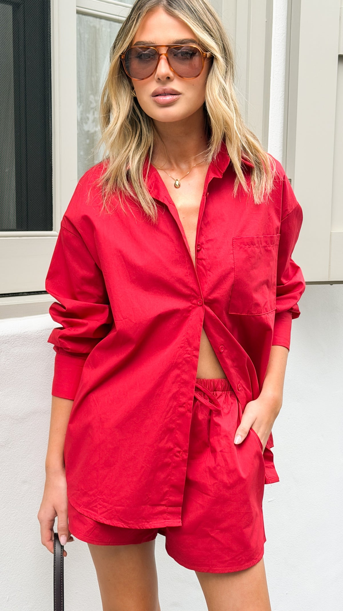 Elita Long Sleeve Button Up Shirt and Shorts Set - Red - Billy J