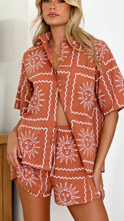 Load image into Gallery viewer, Charli Button Up Shirt and Shorts Set - Rust Sun
